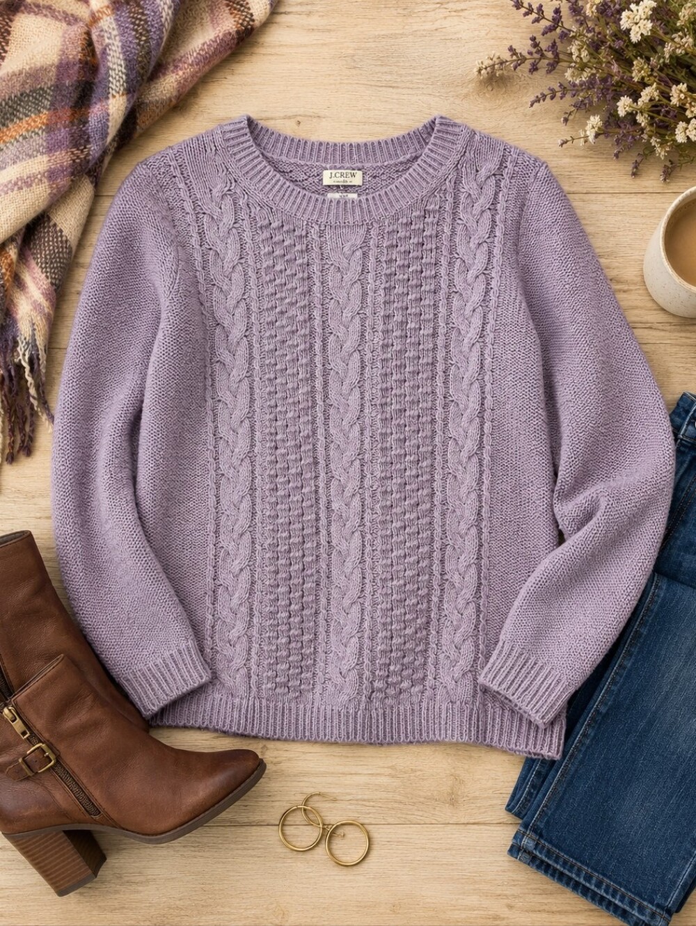 J Crew Lavender Cable Knit Crew Neck Sweater Cozy Classic Quiet Luxury